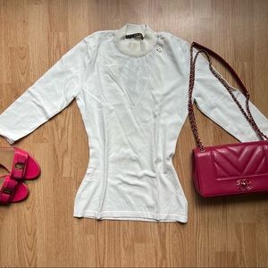 Russian Love Republic white sweater with V-neck mesh illusion